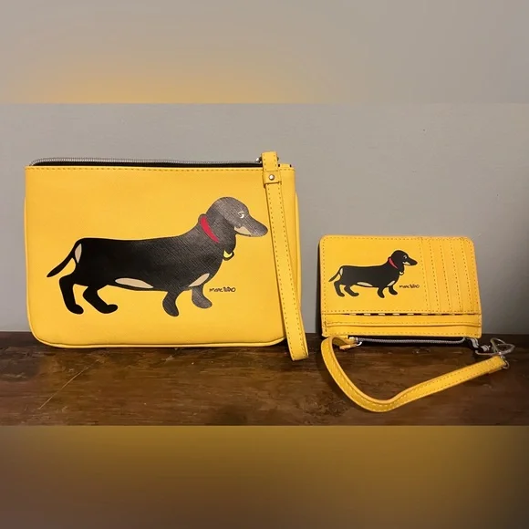 Yellow Dachshund Graphic Tote Bag with Wallet and Wristlet - Picture 4 of 11